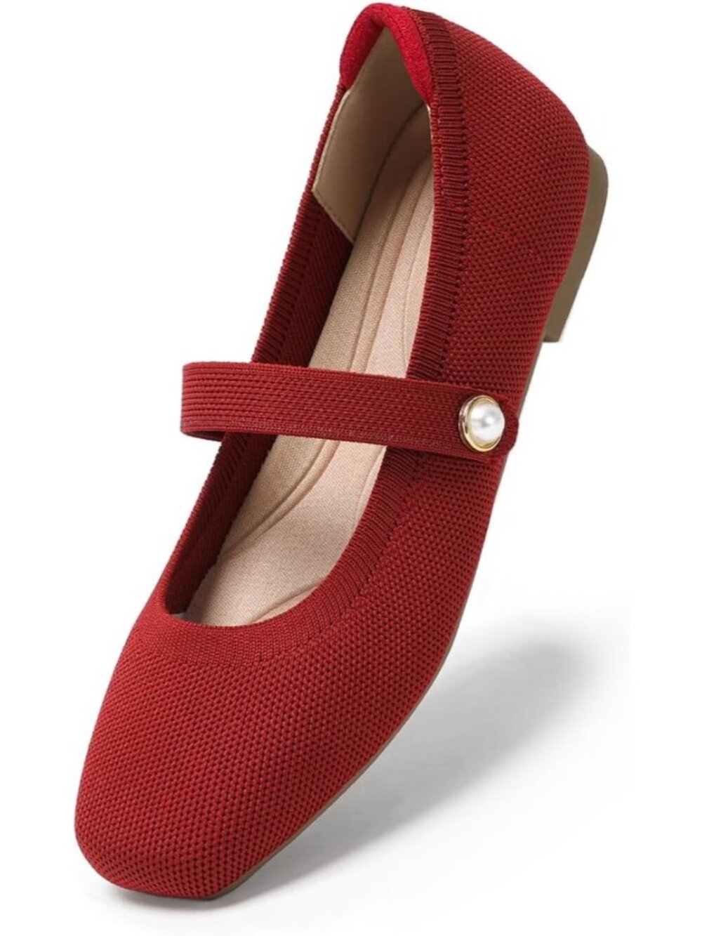 Women's Red Knit Square Toe Soft Foldable Ballet Flats Comfortable Casual Shoes